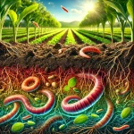 A vibrant, detailed image illustrating how to improve soil health_ a close-up view of rich, dark soil teeming with life, featuring earthworms, roots, and microorganisms