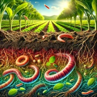A vibrant, detailed image illustrating how to improve soil health_ a close-up view of rich, dark soil teeming with life, featuring earthworms, roots, and microorganisms