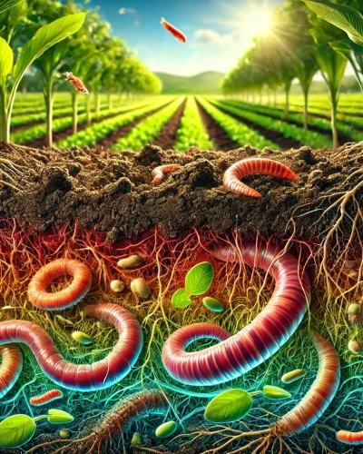 A vibrant, detailed image illustrating how to improve soil health_ a close-up view of rich, dark soil teeming with life, featuring earthworms, roots, and microorganisms