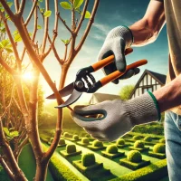 A visually engaging image showcasing best practices for tree and shrub pruning_ a gardener wearing gloves and using pruning shears to carefully trim a tree