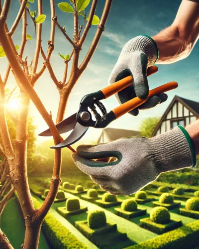 A visually engaging image showcasing best practices for tree and shrub pruning_ a gardener wearing gloves and using pruning shears to carefully trim a tree