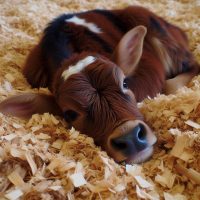 a calf laying on soft wood chip bedding which provides comfort and can reduce the carbon footprint of the owner