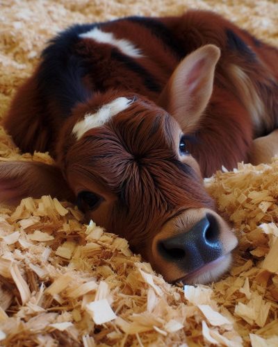 a calf laying on soft wood chip bedding which provides comfort and can reduce the carbon footprint of the owner