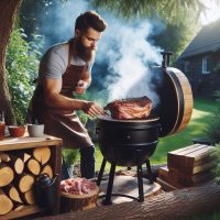 after choosing the right wood chips for smoking, a man smokes meat outside