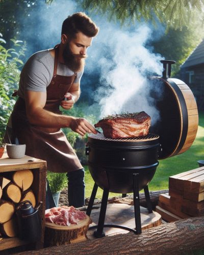 after choosing the right wood chips for smoking, a man smokes meat outside