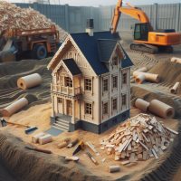 illustration of process of Preparing Your Plot for Construction with Wood Chipping with model site