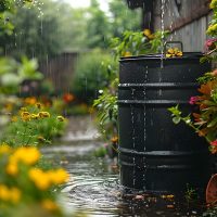 a sustainable backyard with a rain barrel
