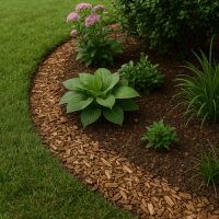 crafting rustic garden borders with wood chips between a lawn and section with other plants