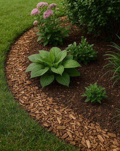 crafting rustic garden borders with wood chips between a lawn and section with other plants