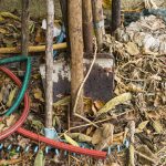 DIY garden cleanup stopped halfway with piled tree waste