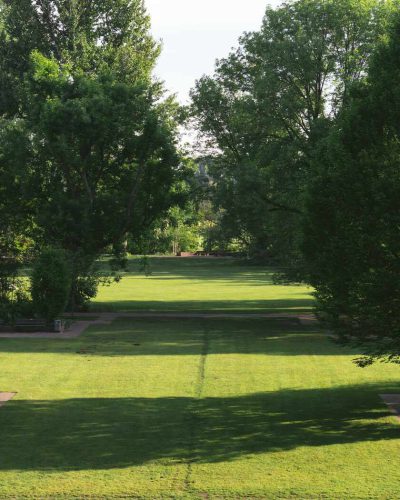 A well-designed garden with mature trees, layered planting, open lawn, and pathways creating a balanced landscape.